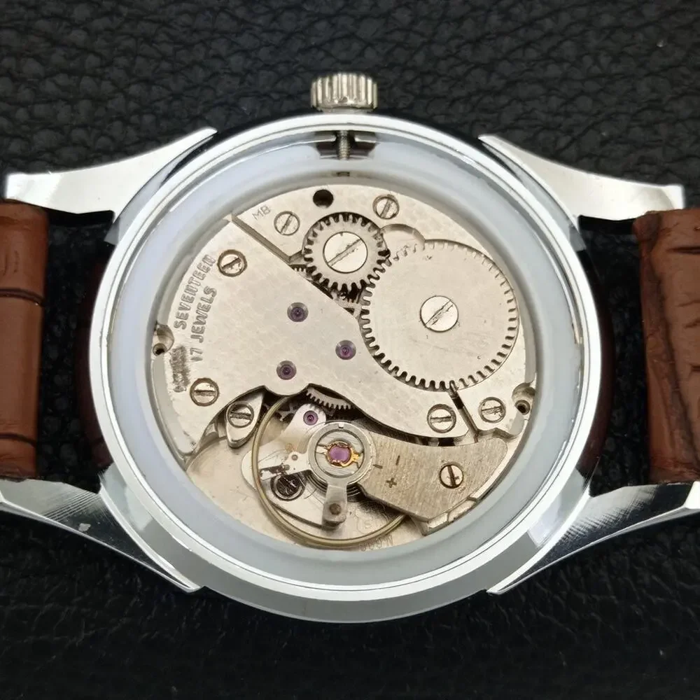 Vintage 1974 Fortis Manual Mens Silver Watch W/Leather Strap & Red accents